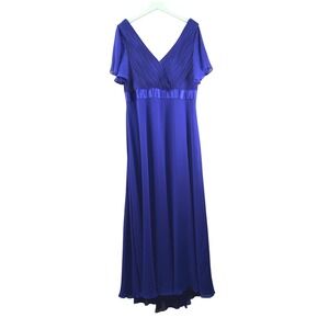 Formal Blue Maxi Dress Women XL Pleated Evening Gown Lined Flutter Sleeve V-Neck